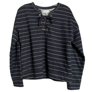 Lucky Brand Navy Blue Silver Stripe Lace Up Crew Neck Sweatshirt Style Top Sz M
